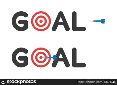 Vector icon set of goal text with bulls eye and dart hit the target. Flat color style.