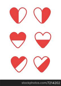 Vector icon set of half full, half empty hearts. Flat color style.