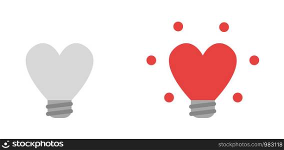Vector icon set of heart shaped lightbulbs, grey and glowing red. Flat color style.