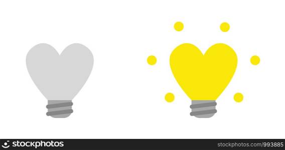 Vector icon set of heart shaped lightbulbs, grey and glowing yellow. Flat color style.