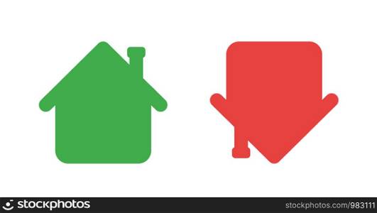 Vector icon set of houses up and down. Flat color style.
