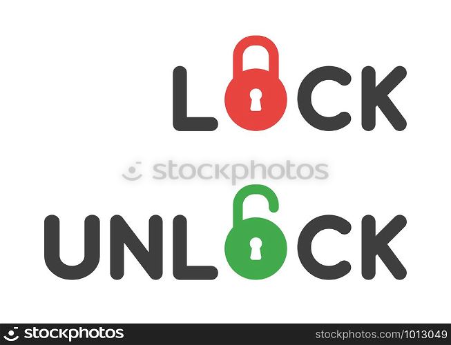 Vector icon set of lock and unlock texts with closed and opened padlocks. Flat color style.