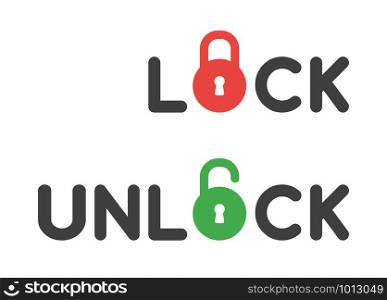 Vector icon set of lock and unlock texts with closed and opened padlocks. Flat color style.