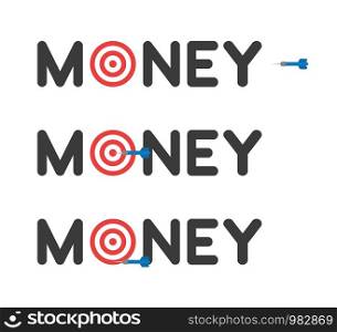Vector icon set of money word with bulls eye and dart, hit and miss the target. Flat color style.