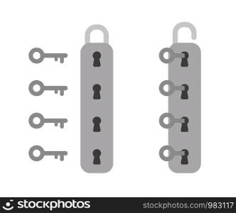 Vector icon set of padlock with four keyholes and keys and unlocked. Flat color style.