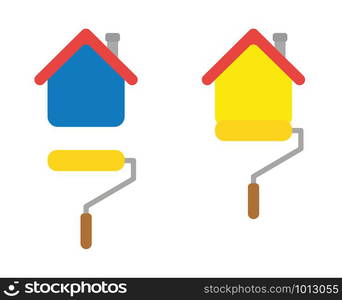 Vector icon set of painting house with paint roller brush. Flat color style.