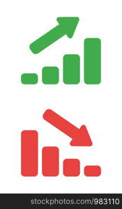 Vector icon set of sales bar graphs moving up and down. Flat color style.