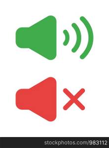 Vector icon set of sound on and off. Flat color style.