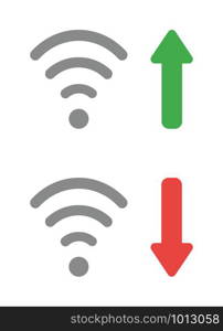 Vector icon set of wireless wifi symbols with arrow moving up and down. Flat color style.