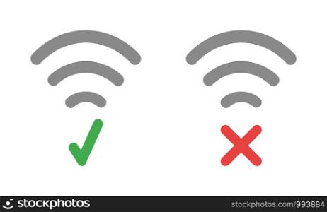 Vector icon set of wireless wifi symbols with check mark and x mark. Flat color style.