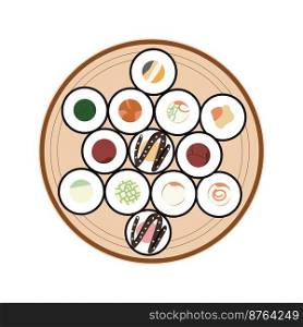 Vector icon set of yummy colored sushi rolls. Collection of different flavours and kinds. Traditional Japanese food. Asian seafood group. Template for sushi restaurant, cafe, delivery or your business. Vector icon set of yummy colored sushi rolls. Collection of different flavours and kinds. Traditional Japanese food. Asian seafood group