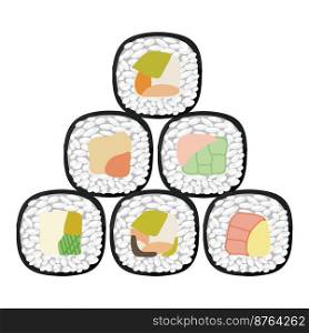 Vector icon set of yummy colored sushi rolls. Collection of different flavours and kinds. Traditional Japanese food. Asian seafood group. Template for sushi restaurant, cafe, delivery or your business. Vector icon set of yummy colored sushi rolls. Collection of different flavours and kinds. Traditional Japanese food. Asian seafood group