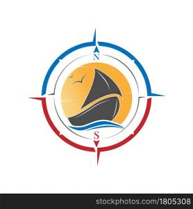 Vector icon with a sailboat and a compass for a logo, sticker or brand, for websites and applications and creative design. Flat style