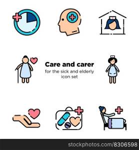 Vector icons illustration carers and nursing services. Including hourly and temporary care, dementia care, home care and assistance,  life and health of older people, care for recovering and bedridden