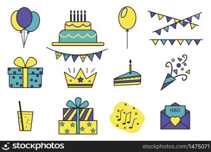 Vector icons of birthday, party. Flat set of pictures of fun, party, cake, gift, hat. Stock Photo.