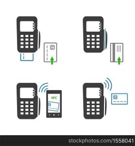 Vector icons of payments methods. Processing of mobile payment, isolated on white background.