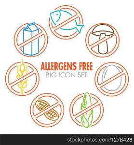 Vector icons set for allergens free products (milk, fish, egg, gluten, wheat, nut, lactose, corn, mushroom) - color version