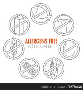 Vector icons set for allergens free products (milk, fish, egg, gluten, wheat, nut, lactose, corn, mushroom)