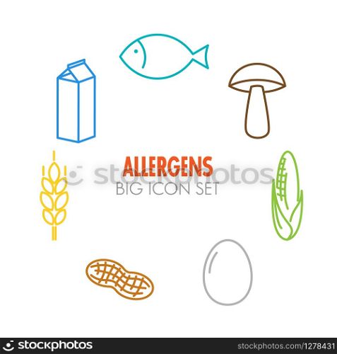 Vector icons set for allergens (milk, fish, egg, gluten, wheat, nut, lactose, corn, mushroom) - color version