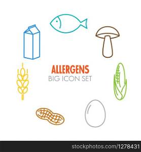 Vector icons set for allergens (milk, fish, egg, gluten, wheat, nut, lactose, corn, mushroom) - color version