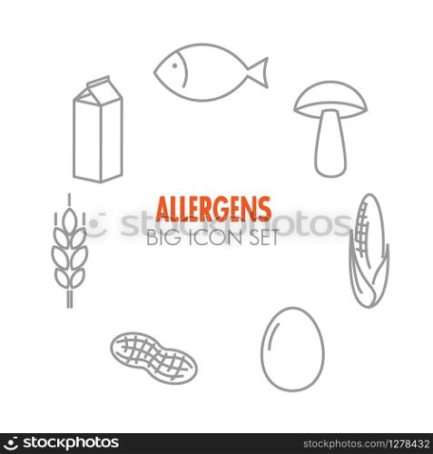 Vector icons set for allergens (milk, fish, egg, gluten, wheat, nut, lactose, corn, mushroom)