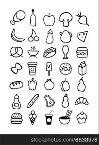 Vector Icons Set in Minimalist Child Theme Isolated on White Background for Web, Illustration, Banner, Invitation, Flier, Poster, Gift or Post Card. Party Foods, Fruits, Sweets, Drinks, Ice Cream, Pastry, Pizza and Burgers