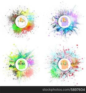 Vector icons set of human head with gears. Vector icons set of human head with gears. Concept of human thinking. Colorful design with stains and blots