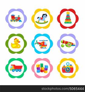 Vector icons, stickers. The set of elements of children's toys. Including a locomotive, rocking horse, pyramid, gun, duck, dump truck, helicopter, bricks.