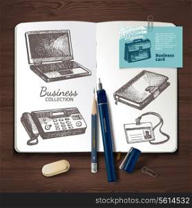 Vector identity set on wooden background. Brand, visualization, corporate business set. Design template and hand drawn sketch business illustrations for graphic designers presentations and portfolios