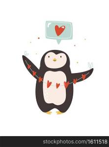 Vector iilustration of lovely penguin with garland of hearts. Funny animal character design. Bright image for Valentines Day. Vector iilustration of lovely penguin with garland of hearts. Funny animal character design