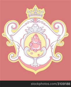 Vector Illuctration of Heraldic frame with floral Decorative ornament and beautiful Wedding Cake