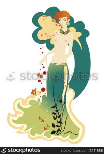 Vector illustartion of beautiful mermaid, decorated with flowers, fishes and seaweed.