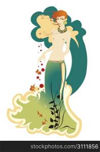 Vector illustartion of beautiful mermaid, decorated with flowers, fishes and seaweed.
