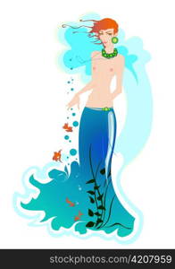 Vector illustartion of beautiful mermaid, decorated with flowers, fishes and seaweed.