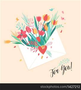Vector illustation of flower in the letter mail. Bouquet of tulips.. Vector illustation of flower in the letter mail. Bouquet of flower in the white mail. Illustration on the pink background.