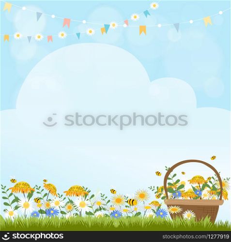 Vector illustraion Spring nature background, blue sky, green grass and chamomiles field. Landscape of Summer fields with sunflowers and daisy against blue sky background