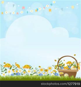 Vector illustraion Spring nature background, blue sky, green grass and chamomiles field. Landscape of Summer fields with sunflowers and daisy against blue sky background