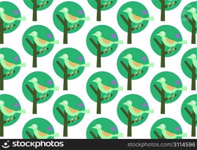 Vector illustraition of bird on the stylized tree. Retro wallpaper pattern.