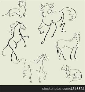 Vector illustraition of Domestic Animals Design Set made with simple line only