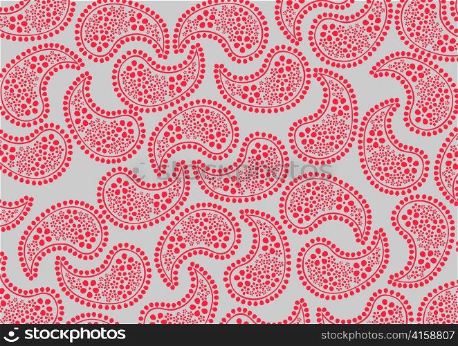 Vector illustraition of repeating red paisley pattern on grey background