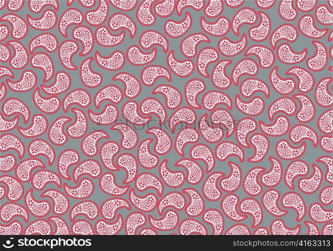 Vector illustraition of repeating red paisley pattern on grey background