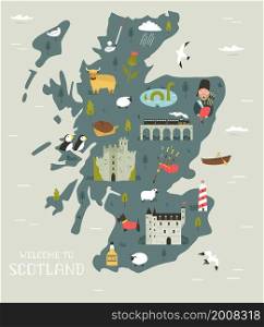 Vector illustrated map of Scotland with famous landmarks, buildings, symbols. Design for poster, tourist leaflets, guides, prints. Vector illustrated map of Scotland with famous symbols