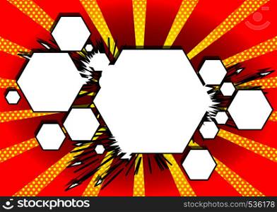Vector illustrated retro comic book background hexagon shaped bubble, pop art vintage style backdrop.