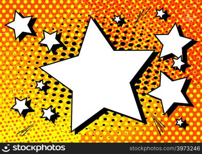 Vector illustrated retro comic book background with big blank star, pop art vintage style backdrop.