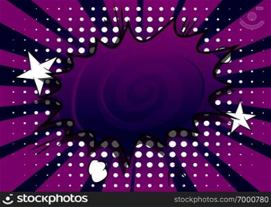 Vector illustrated retro comic book background with big purple explosion bubble, pop art vintage style backdrop.