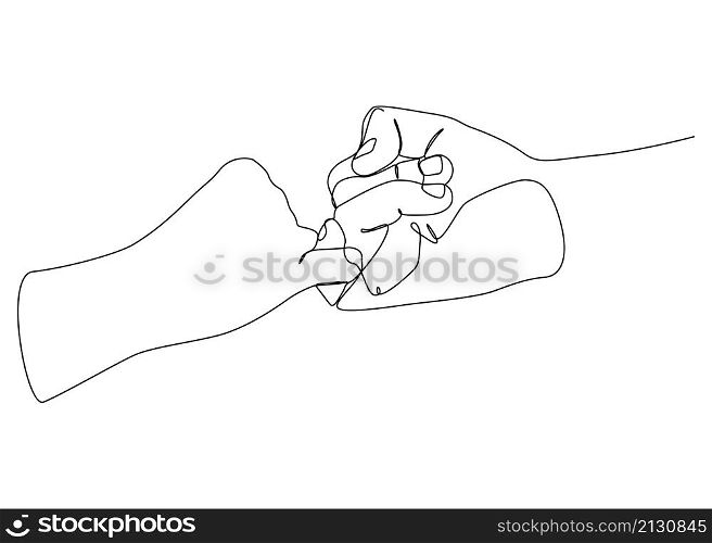 Vector illustrated woman and man holding hands together with little fingers. Simple line art. Concept for promise, pinky swear and trust.
