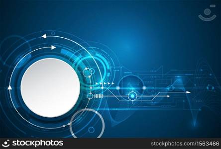 Vector illustration 3d white paper circle with wave lines and circuit board, Hi-tech digital technology, engineering, digital telecom technology concept. Abstract futuristic on dark blue background