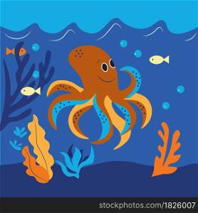 Vector illustration, A cheerful octopus lives in the deep blue sea