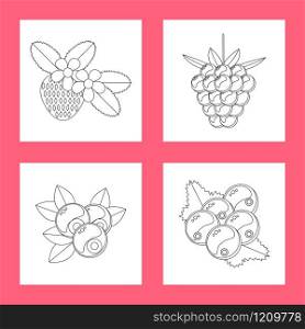 vector illustration. a set of colorings for children of preschool age, berries, strawberry, raspberry, blueberry, currant