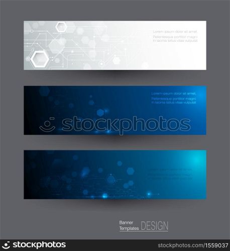 Vector illustration, Abstract banners set of circuit board on hexagons background. Hi-tech digital technology and engineering, digital telecom technology concept. Vector abstract futuristic on dark blue color background